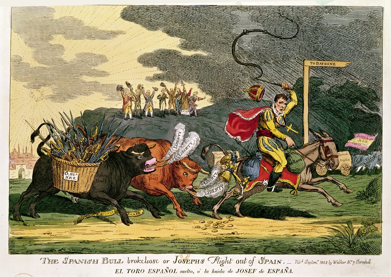 „A spanyol bika eltört, vagy József repülése Spanyolországból”, 1808. szeptember alkotó: English School