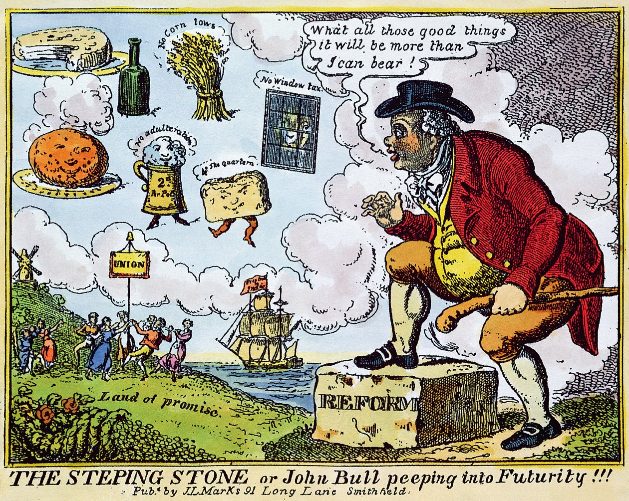 The Stepping Stone, avagy a jövőbe kukucskáló John Bull!!! (színes rézkarc) alkotó: English School