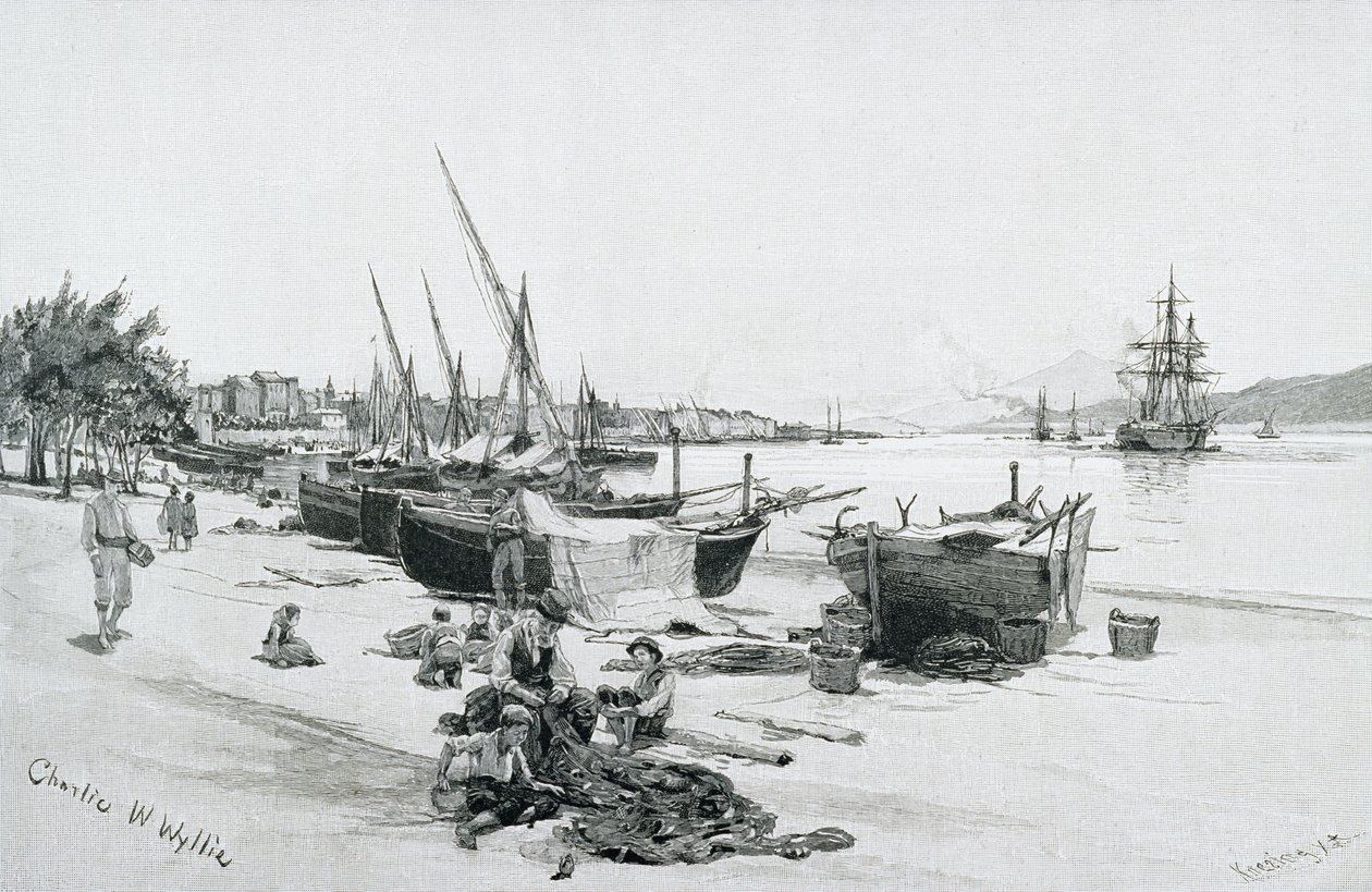 A Messinai-szoros, az Etnával a távolban, Olaszország, „A festői mediterrán” 3. kötetéből, a Cassell and Co. Ltd. kiadása, 1880-90-es évek alkotó: English School
