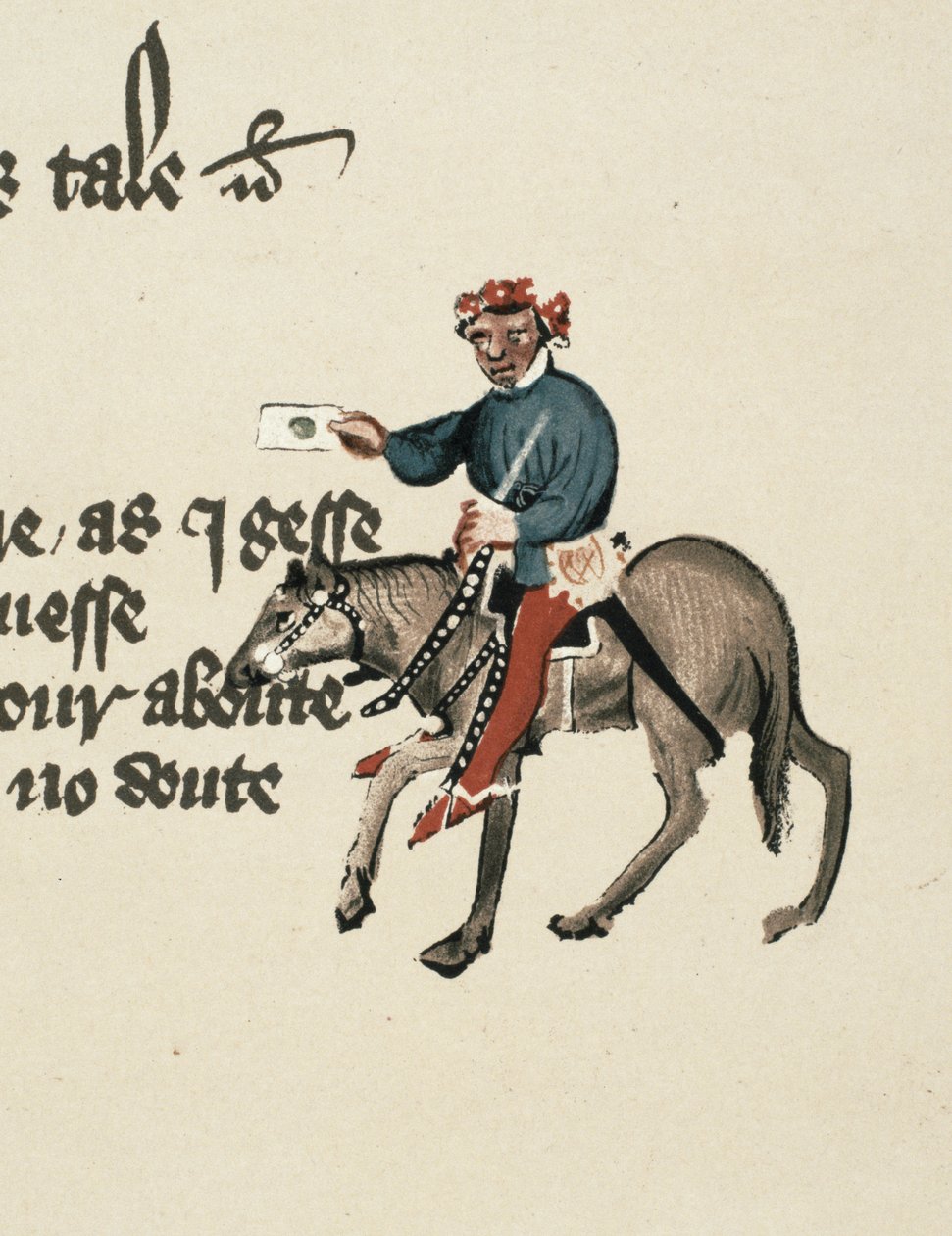The Summoner, részlet a Canterbury-mesékből, Geoffrey Chaucer (c.1342-1400) Ellesmere-kézirat, fakszimile kiadás, 1911 (az eredeti részleteket lásd: 128936) alkotó: English School