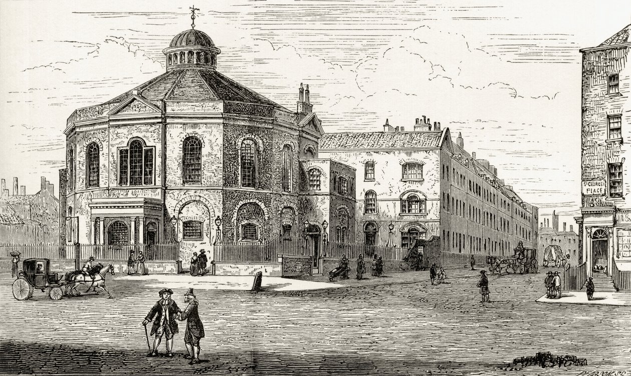 The Surrey Chapel, Blackfriars Road, Southwark, a „London Pictures: Drawn with Pencil and Pencil” című művéből, Richard Lovett tiszteletestől, 1890-ben alkotó: English School