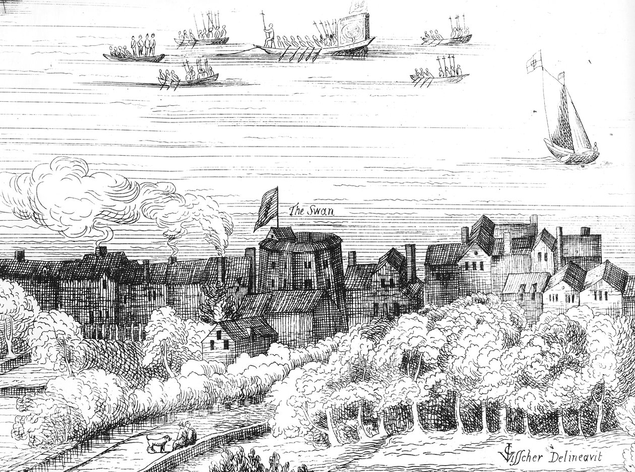 A Hattyú Színház a partparton, ahogyan 1614-ben megjelent alkotó: English School