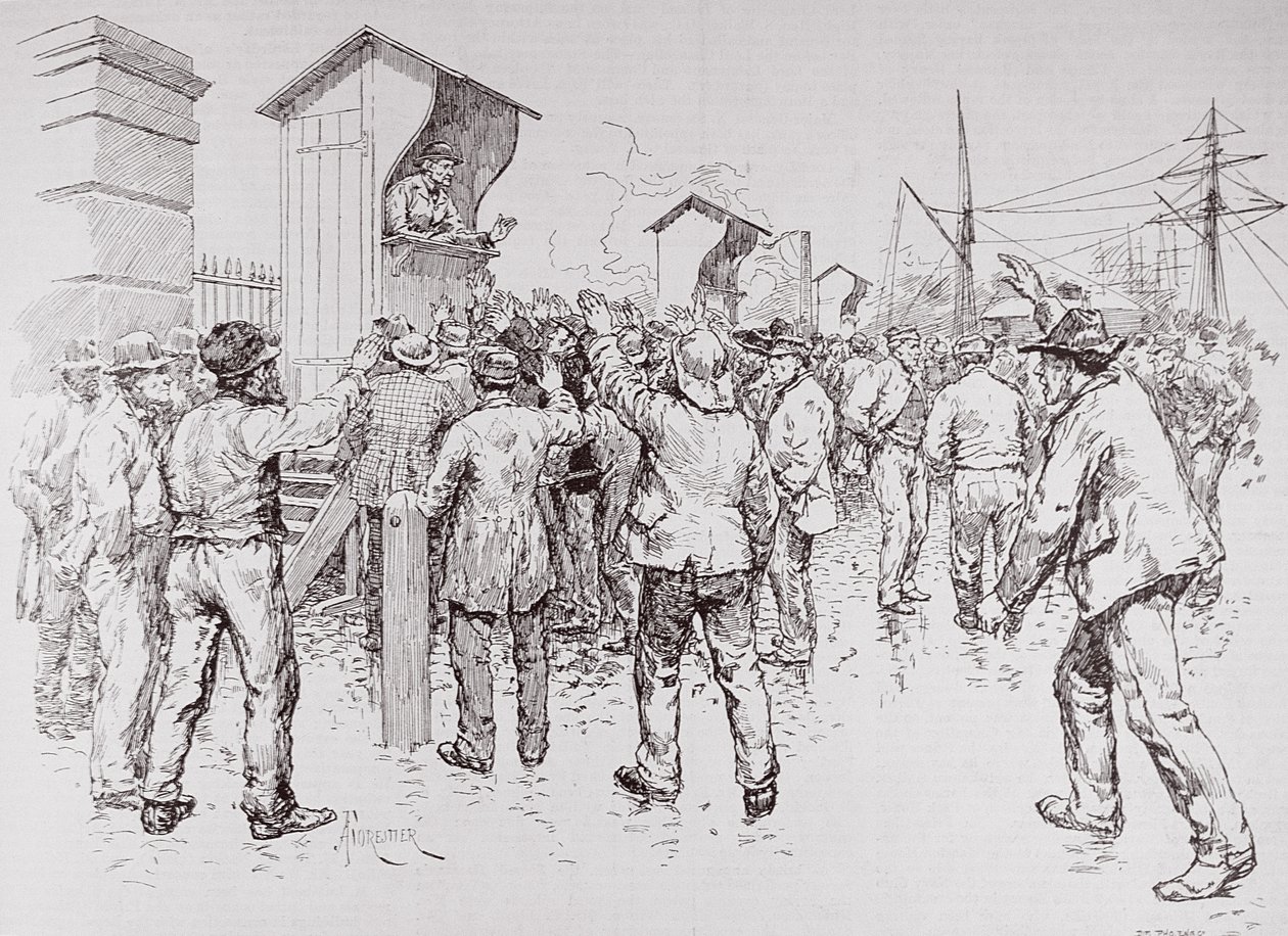 A londoni munkanélküliek: dokkmunkások bevonása a nyugat-indiai dokkoknál, a „The Illustrated London News”-ból, 1886. február 20. alkotó: English School