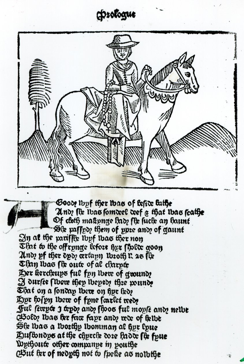 Bath felesége, illusztráció Geoffrey Chaucer (kb. 1345-1400) „Canterbury Tales” című művéből, William Caxton (kb. 1422-1491) nyomta alkotó: English School