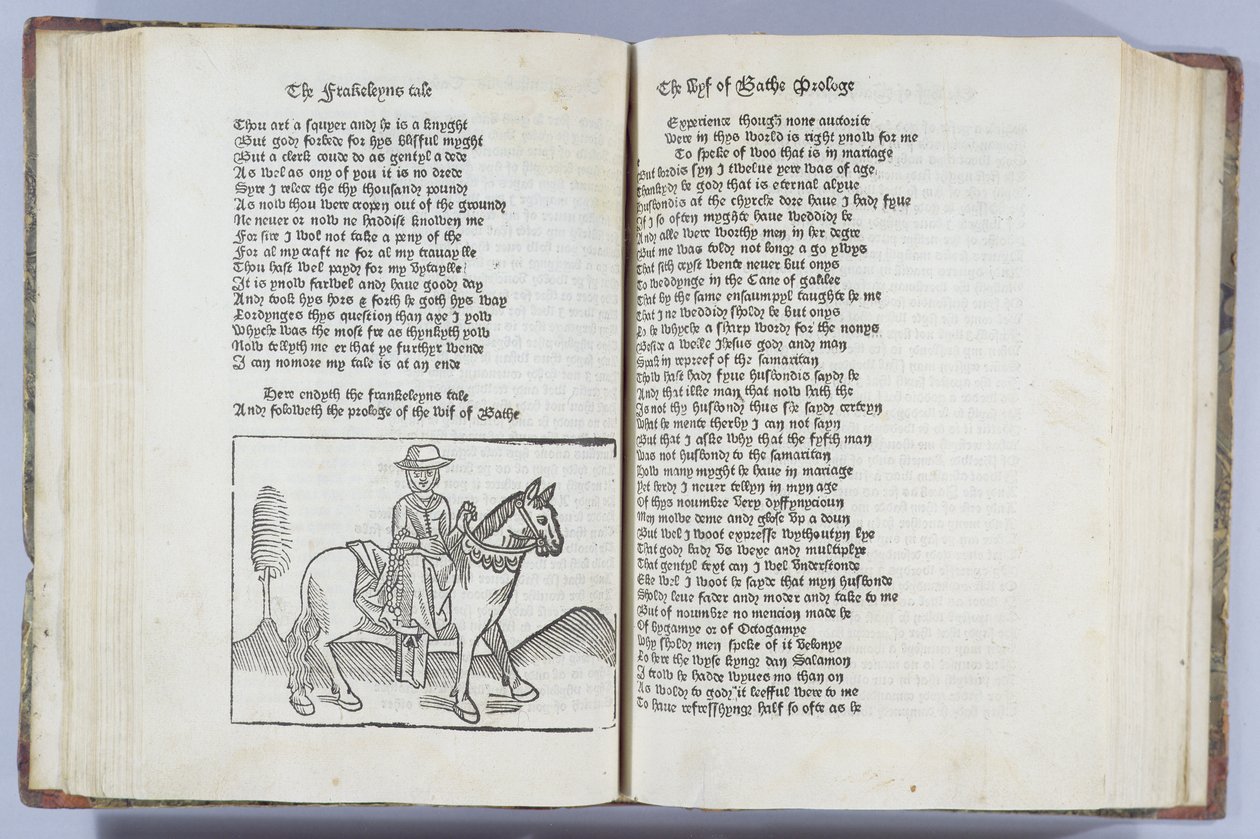 Bath felesége, illusztráció Geoffrey Chaucer „Canterbury meséiből”, William Caxton (kb. 1422-91) alkotó: English School