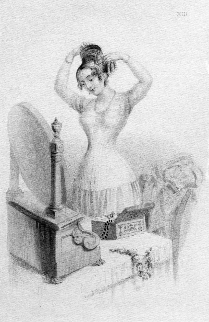 Mrs. Nicholas Geary fűzőinek előnyei, Mrs. A. Walker „Női szépség, a rend, tisztaság és öltözködés által megőrzött és továbbfejlesztett” című művéből, 1837 alkotó: English School