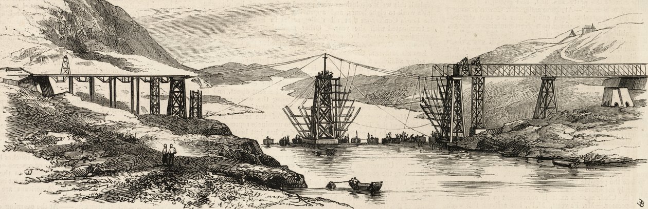 India alkirályának közelmúltbeli körútja Punjaubban: az Induson átívelő új híd Attocknál már majdnem elkészült, a „The Graphic”-ból, 1883. január 13. alkotó: English School
