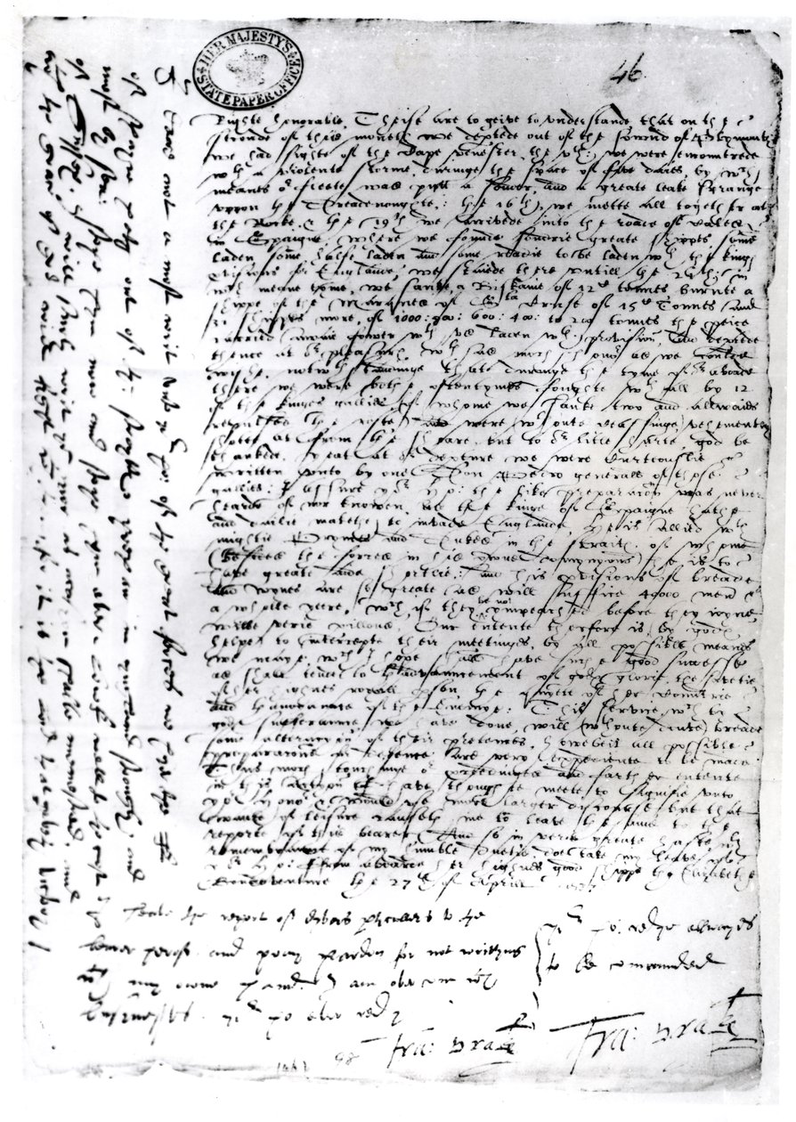 Sir Francis Drake (kb. 1540-96) írásos küldeményei Cadizból, 1587 (toll és tinta papíron) alkotó: English School