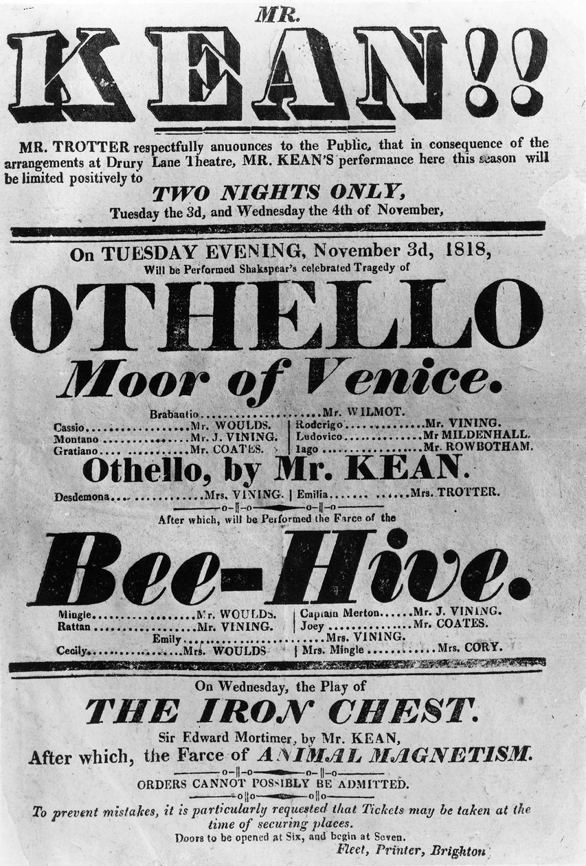 Theatre Bill Mr. Kean előadásait reklámozza, 1818 (nyomtatott papír) alkotó: English School