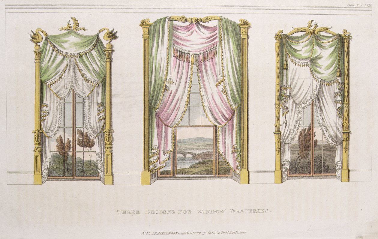 Három minta ablakfüggönyökhöz, 107-es tábla az Ackermanns Repository of Arts-tól, megjelent 1819 alkotó: English School