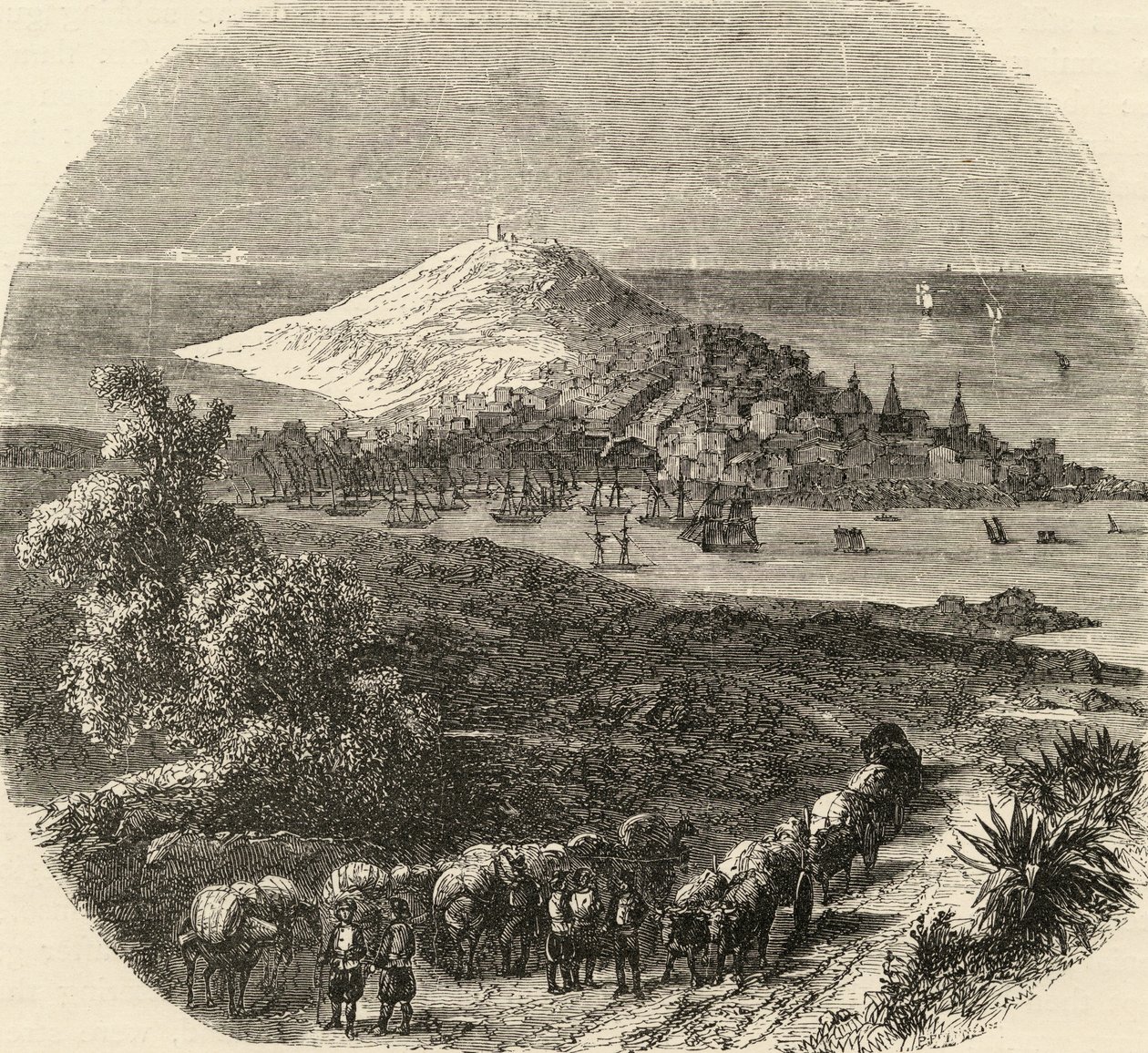 Város és Koruna-öböl, Spanyolország, Samuel Manning tiszteletes illusztrációja a „Spanish Pictures”-ből alkotó: English School