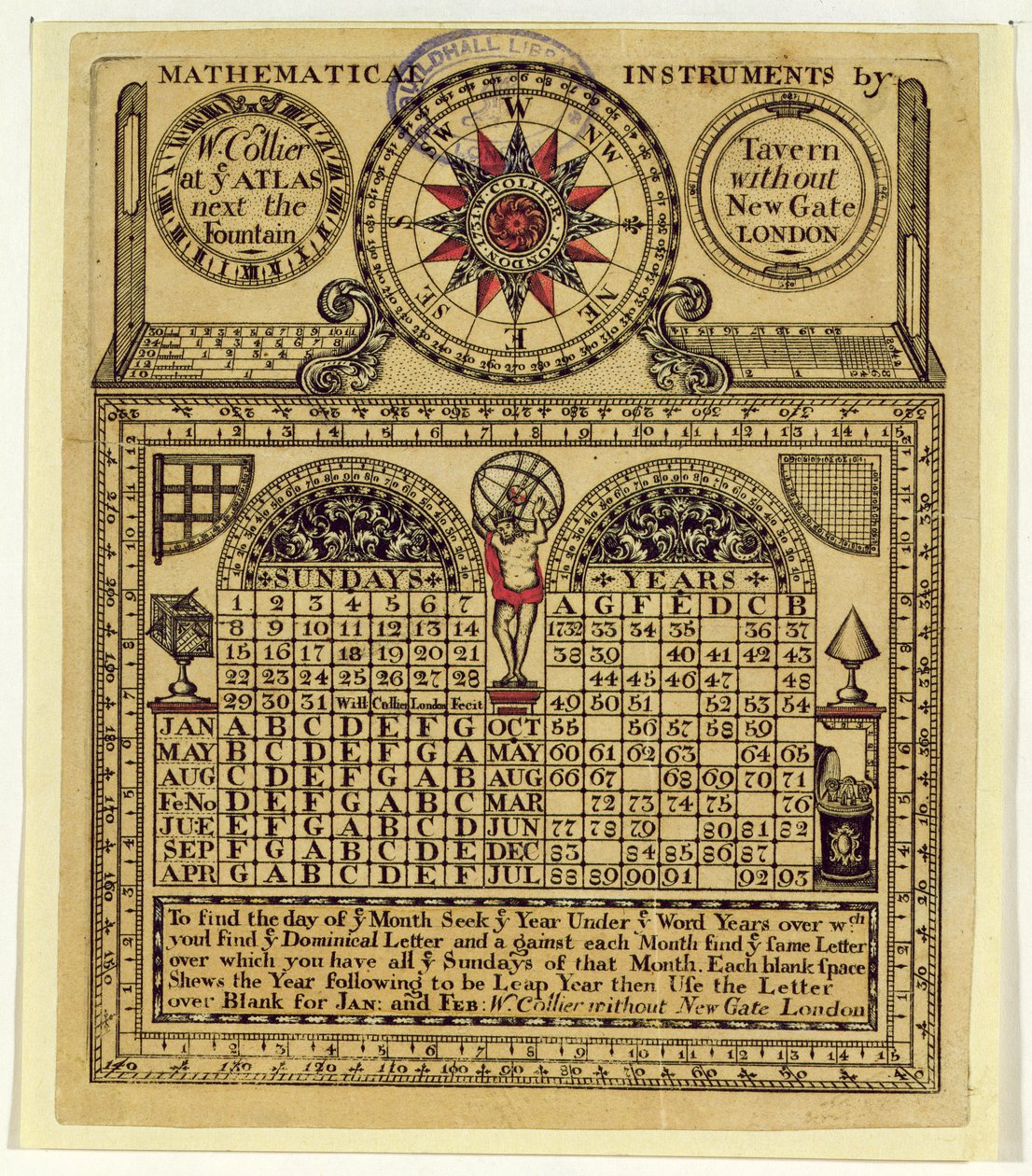 W. Collier, a matematikai műszerek gyártójának kereskedelmi kártyája, 1731 alkotó: English School