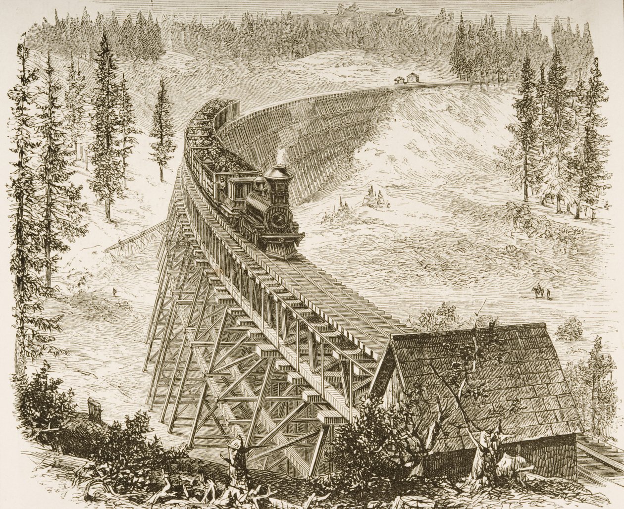Híd a Csendes-óceáni vasútvonalon, Sierra Nevada, 1870 körül, a The Religious Tract Society által kiadott 