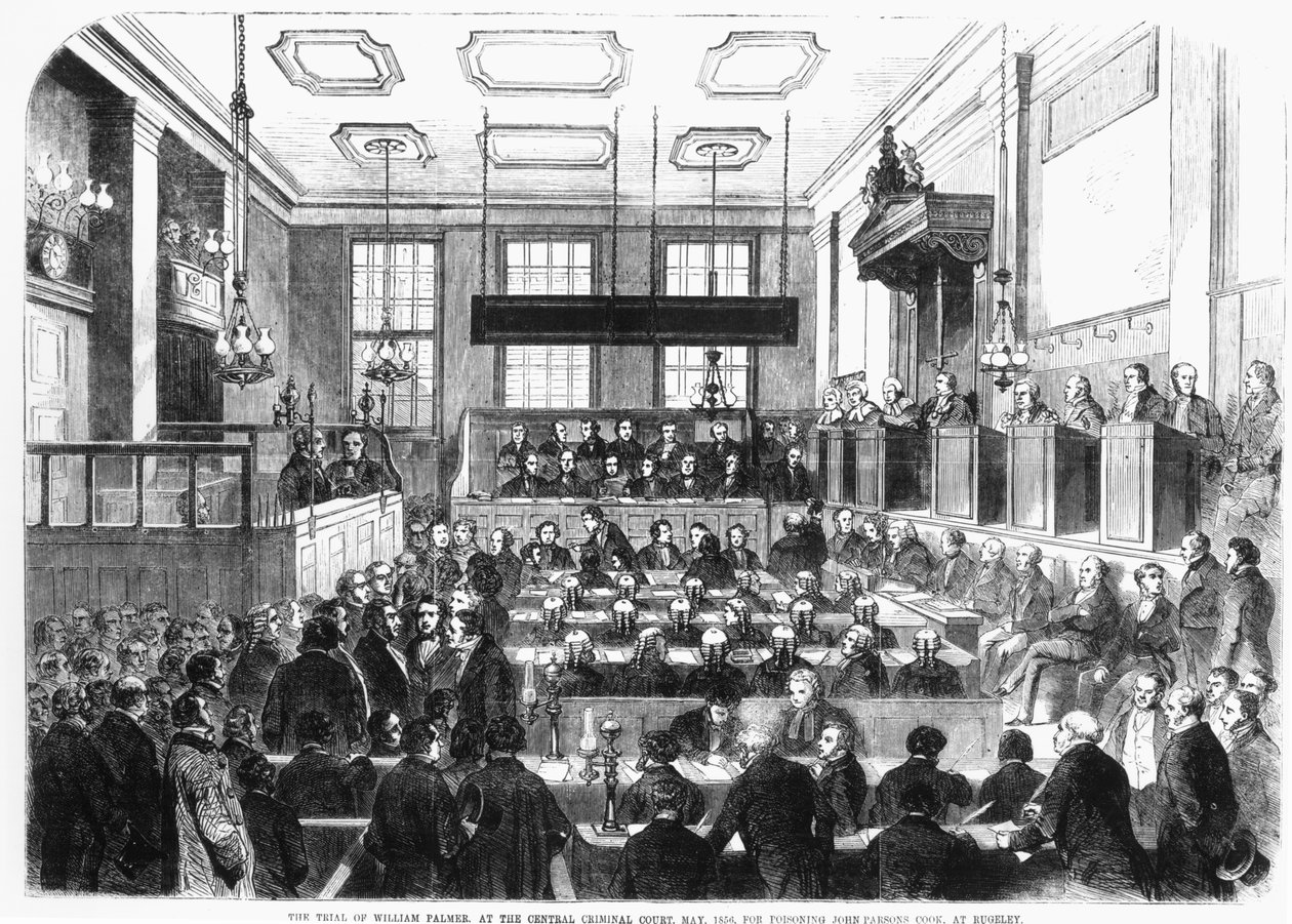 William Palmer per a Központi Büntetőbíróságon, 1856. május, John Parsons Cook megmérgezése miatt, Rugeley-ben alkotó: English School