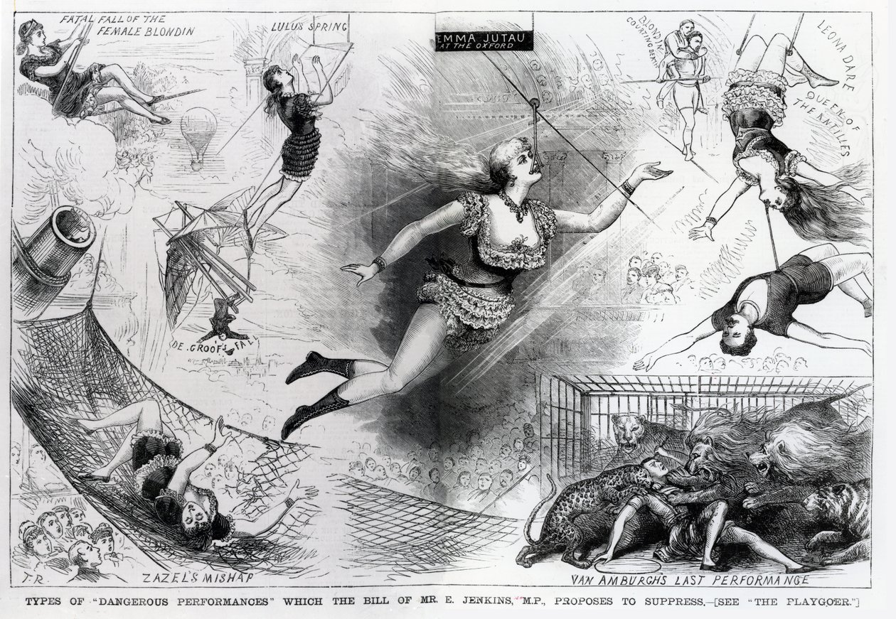A „veszélyes előadások” típusai, amelyeket Mr. E. Jenkins, M.P. elnyomást javasol, illusztráció a „The Penny Illustrated Paper” 1880. március 12-i alkotó: English School