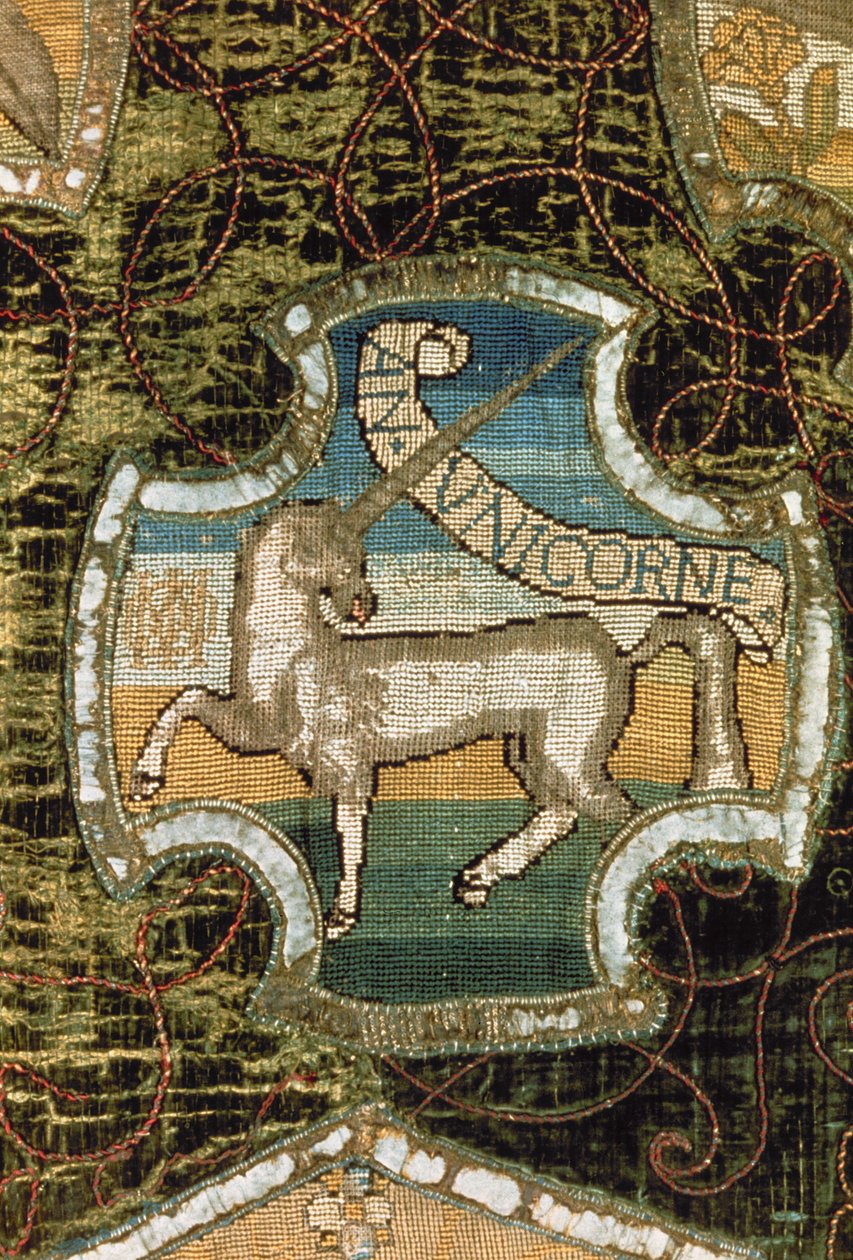 Egyszarvú, az Oxburgh-i akasztásból, Mary skót királynő (1542-87) és Elizabeth Talbot (1520-1608) Shrewsbury grófnője készítette, 1570 körül (arannyal, ezüsttel és selyemmel hímzett lenvászon sátorban alkotó: English School
