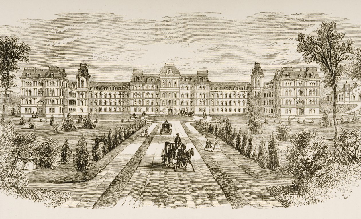 Vassar College, Poughkeepsie, New York állam, 1870 körül, a Religious Tract Society által 1876-ban kiadott "American Pictures"-ből alkotó: English School