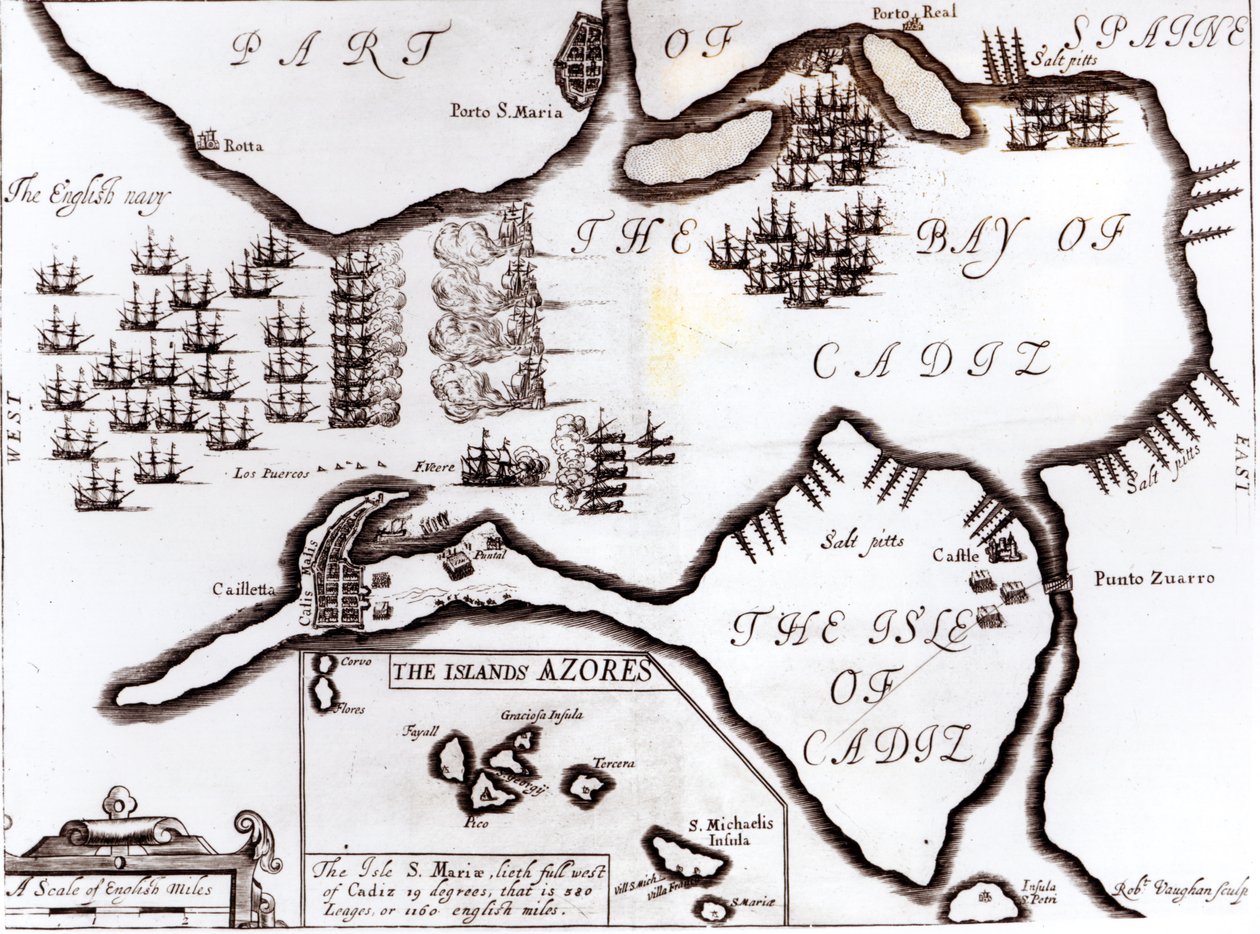 Az angol királyi haditengerészet győzelme a Cadizi-öbölben, metszett: Robert Vaughan (fl.1622-78) alkotó: English School
