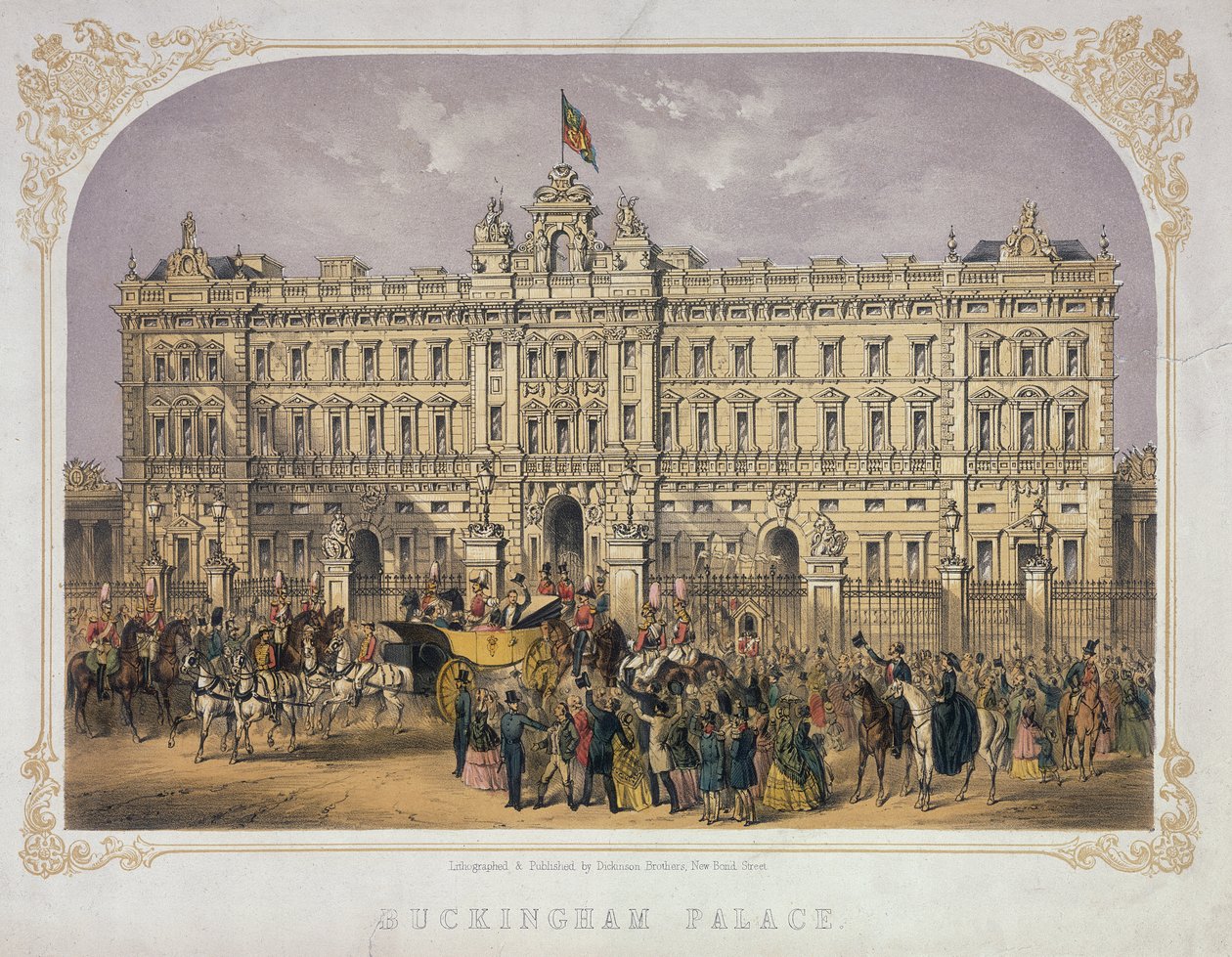 Kilátás a Buckingham-palotára, a kinti tömeg tapsolja Viktória királynőt (1819-1901) és Albert herceget (1819-61), miközben kocsin utaznak, 1855 körül alkotó: English School