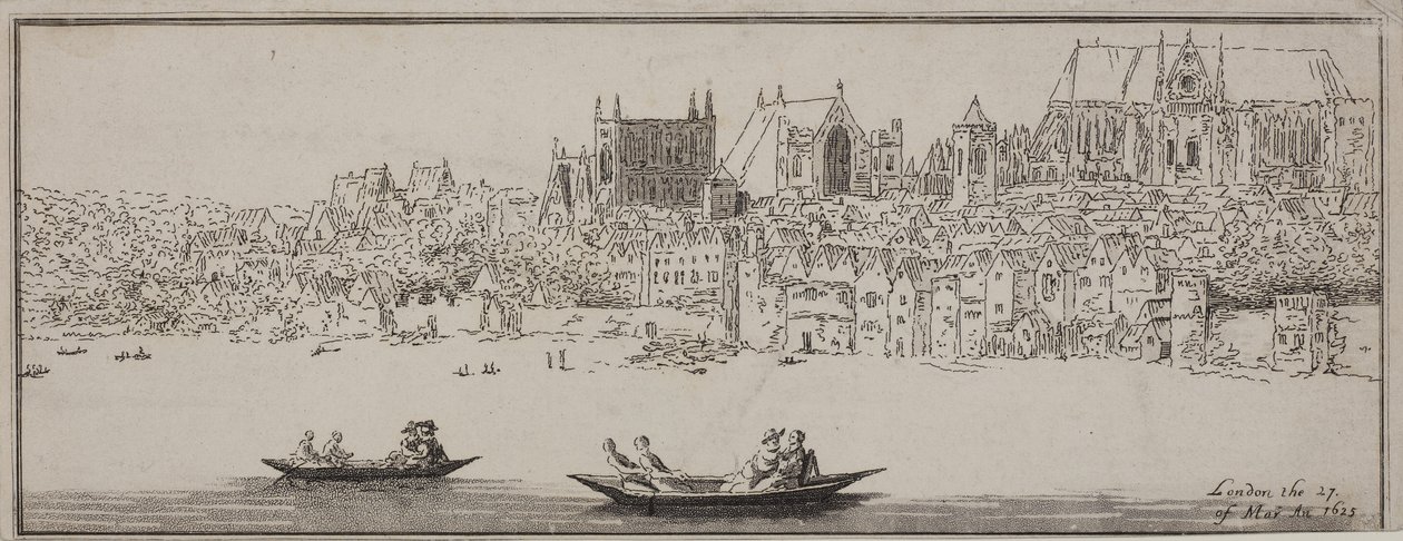 Kilátás a Westminster-apátságra és a Westminsteri palotára a Temze felől, csónakokkal az előtérben, 1750 körül (rézkarc és akvatinta) alkotó: English School
