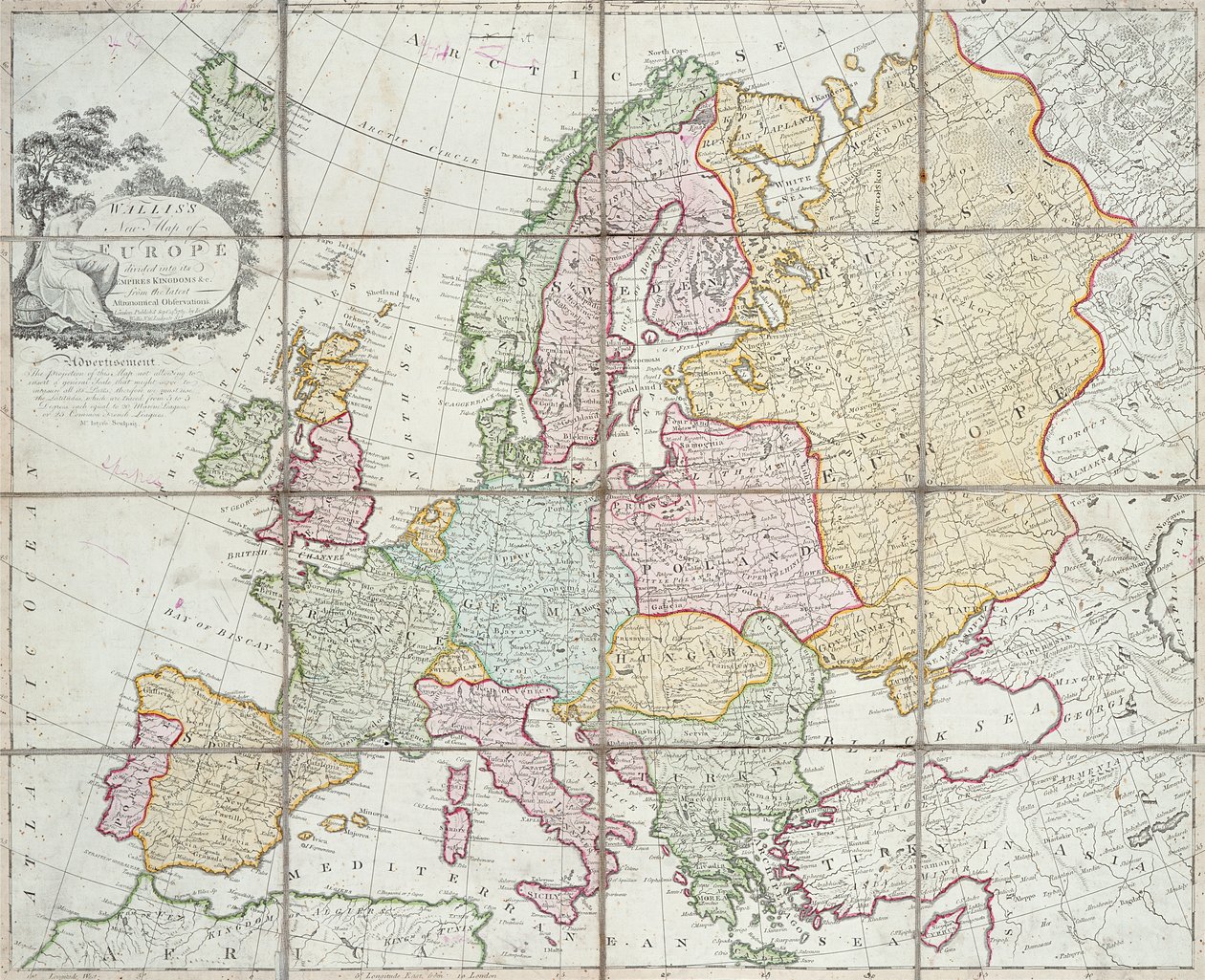Wallis új, birodalmakra osztott Európa-térképe, 1789 (kézzel színezett metszet) alkotó: English School