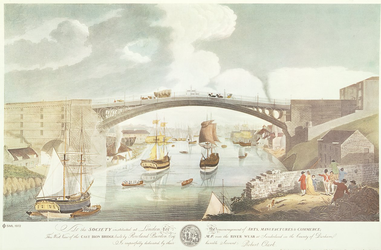 A Rowland Burdon Esq., parlamenti képviselő által épített öntöttvas híd nyugati nézete a Wear folyó felett Sunderlandben, 1796 körül (kézi színezett metszet). alkotó: English School