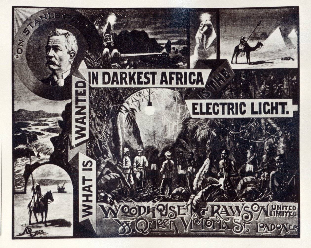 "Amit keresnek a legsötétebb Afrikában, az az elektromos fény", a Woodhouse und Rawson ltd hirdetése alkotó: English School
