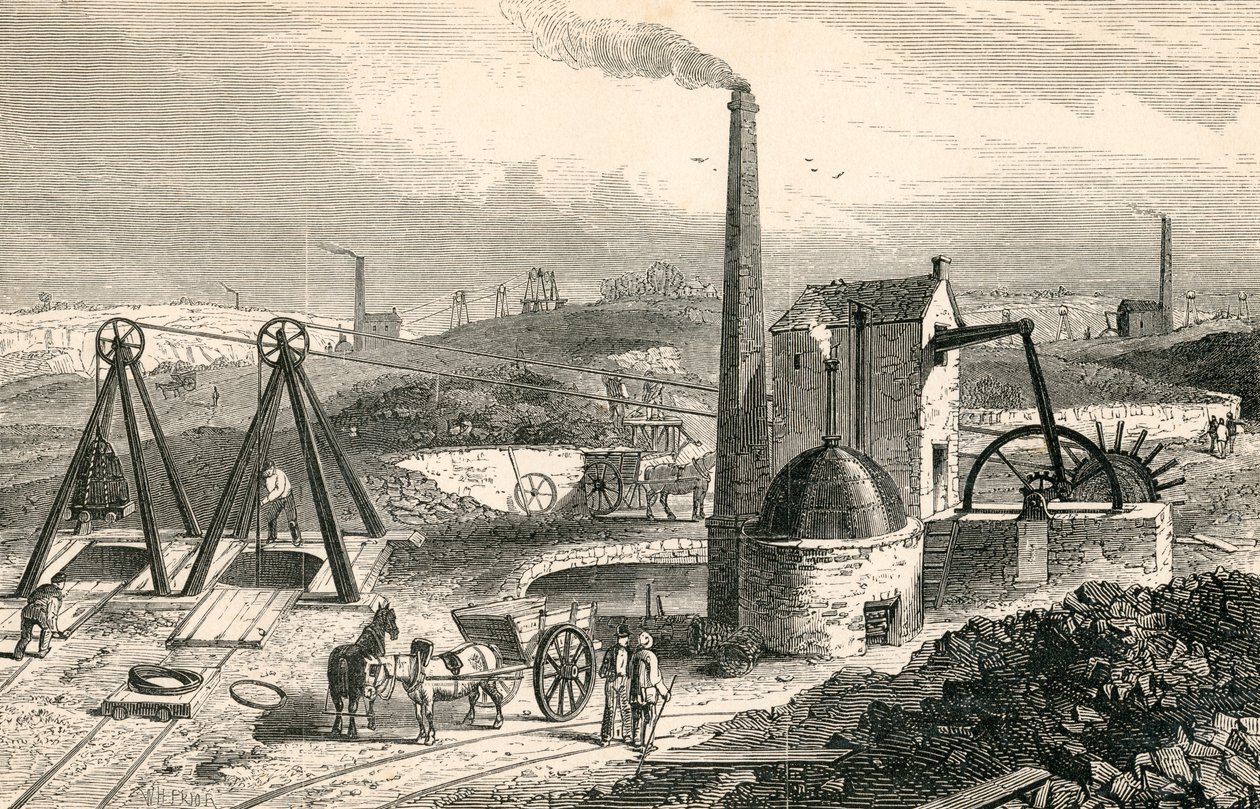 Whimsey vagy szénhúzó motor a Staffordshire Collieries-ben, Charles Tomlinson „Cyclopaedia of Useful Arts and Manufactures” című művéből alkotó: English School