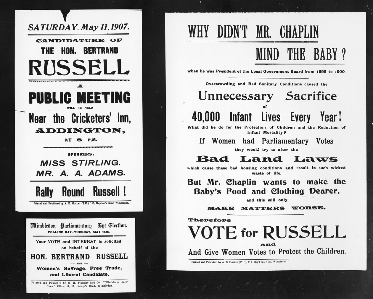 „Miért nem törődött Mr. Chaplin a babával” – plakátok Bertrand Russell választási kampányából, 1907 (nyomtatott papír) alkotó: English School