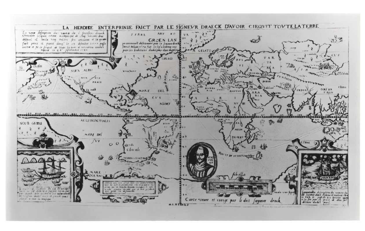 Világtérkép, amely részletezi Sir Francis Drake (kb. 1540-96) expedícióit és globális körülhajózását 1577-2580 alkotó: English School