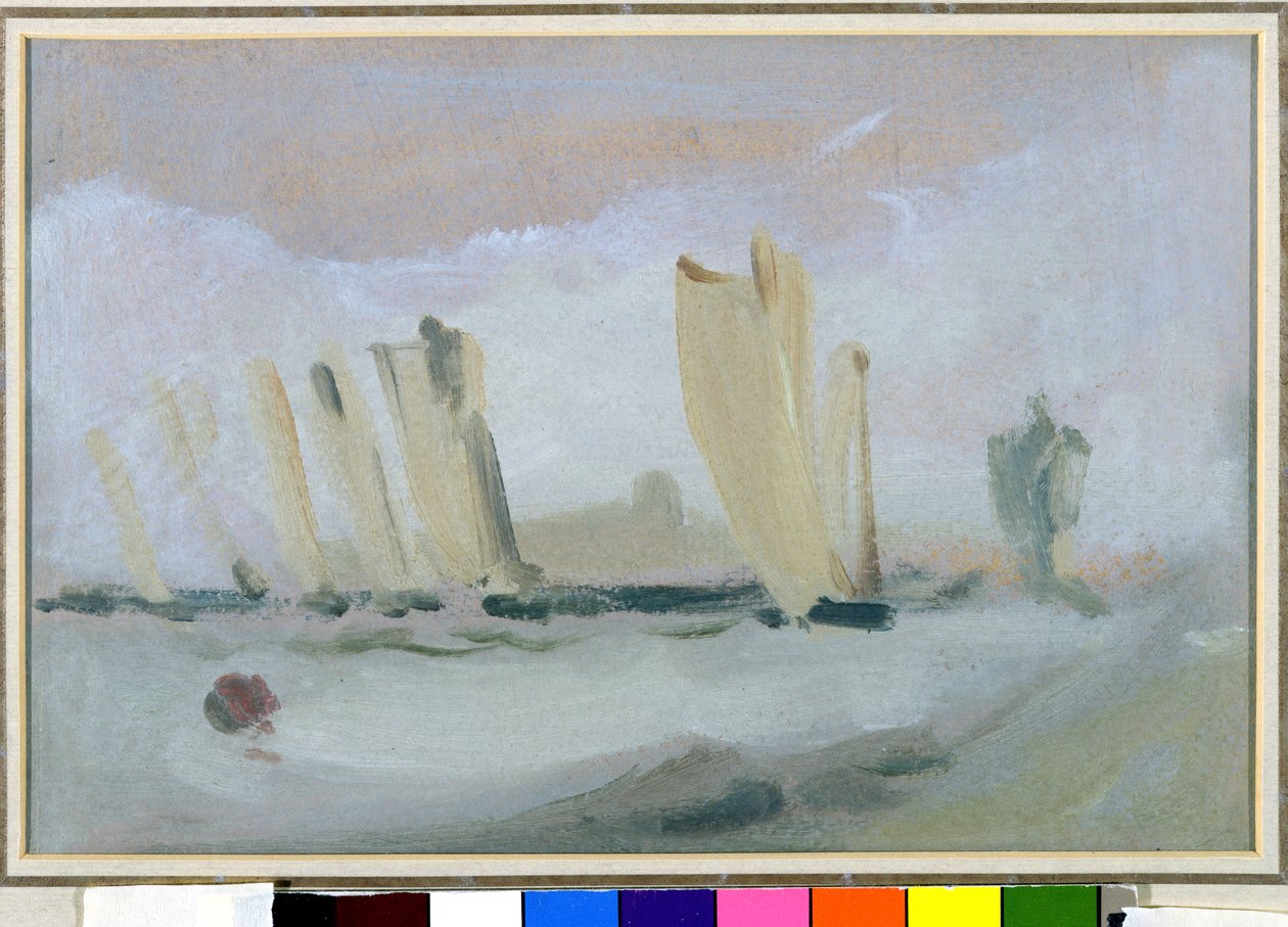 Yacht Racing on the Solent, korábban J.M.W. Turner (1775-1851) és Peter de Wint (1784-1849) nevéhez fűződik, 1827 körül (olaj, papír) alkotó: English School