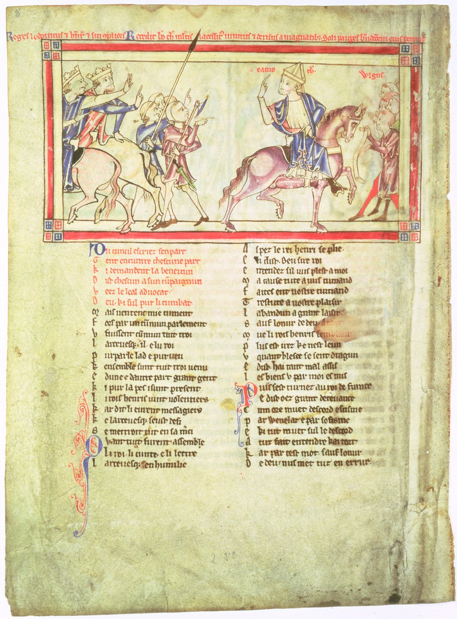 f.2v Thomas a Becket elhagyja II. Henrik angol királyt és VII. Lajos francia királyt, miután a montmiraili tárgyalások megszakadtak, és csatlakozik a köznéphez, a Becket Leavesből, 1220-40 körül alkotó: English School