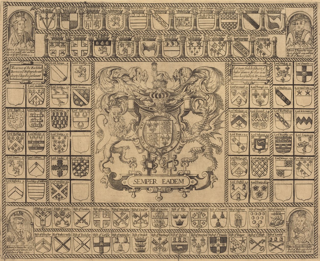 Címerek VII. Henrik, VIII. Henrik, VI. Edward és Mária sarokportréival alkotó: English 16th Century