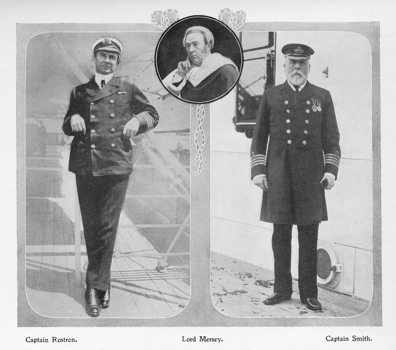 Arthur Henry Rostron, a Titanic túlélőit megmentő RMS Carpathia kapitánya (balra), Lord Mersey, aki a Titanic vizsgálóbizottságának vezetője (középen) és Edward John Smith, a Titanic kapitánya (balra) alkotó: English Photographer