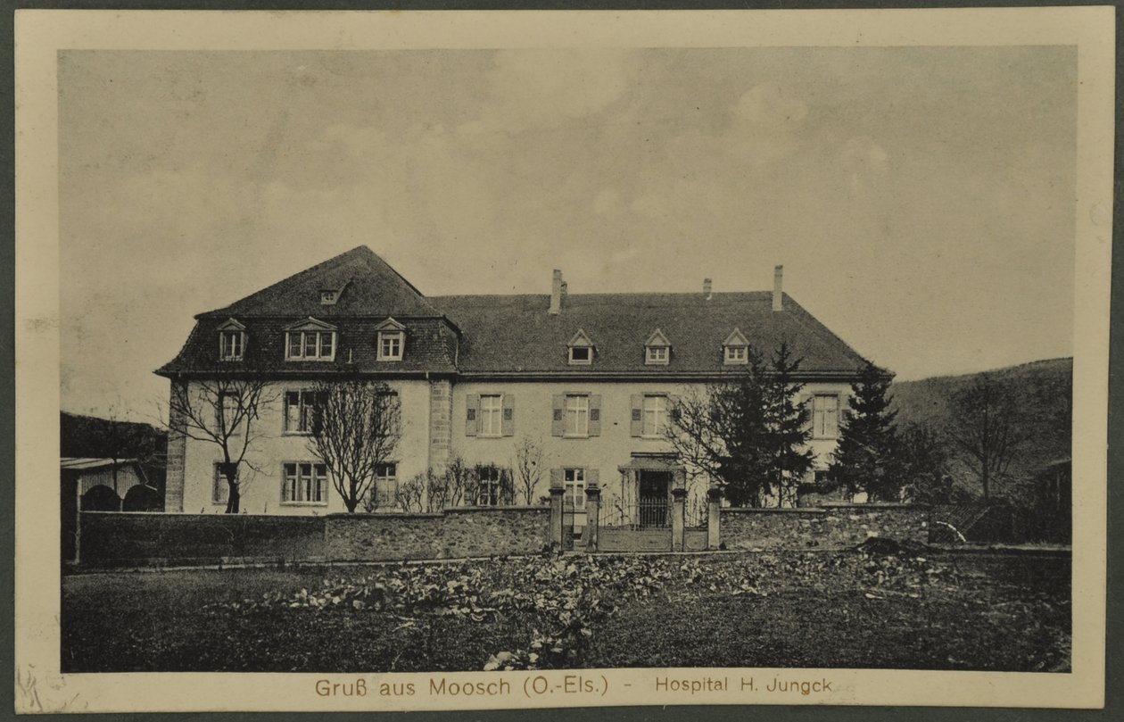 Üdvözlet Mooschból (O.-Els) – H. Jungck Kórház, képeslap Vogézekből, 1915 alkotó: English Photographer