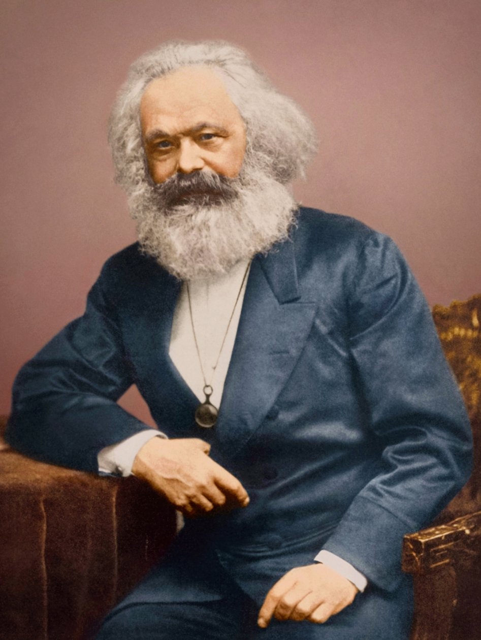 Karl Marx portréja kék öltönyben (fotó) alkotó: English Photographer