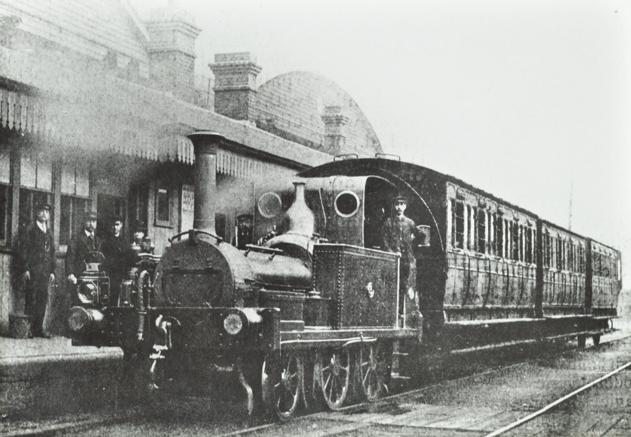 South Dock Station: egy négykerékre kapcsolt harckocsi mozdony az állomáson, 1880 alkotó: English Photographer