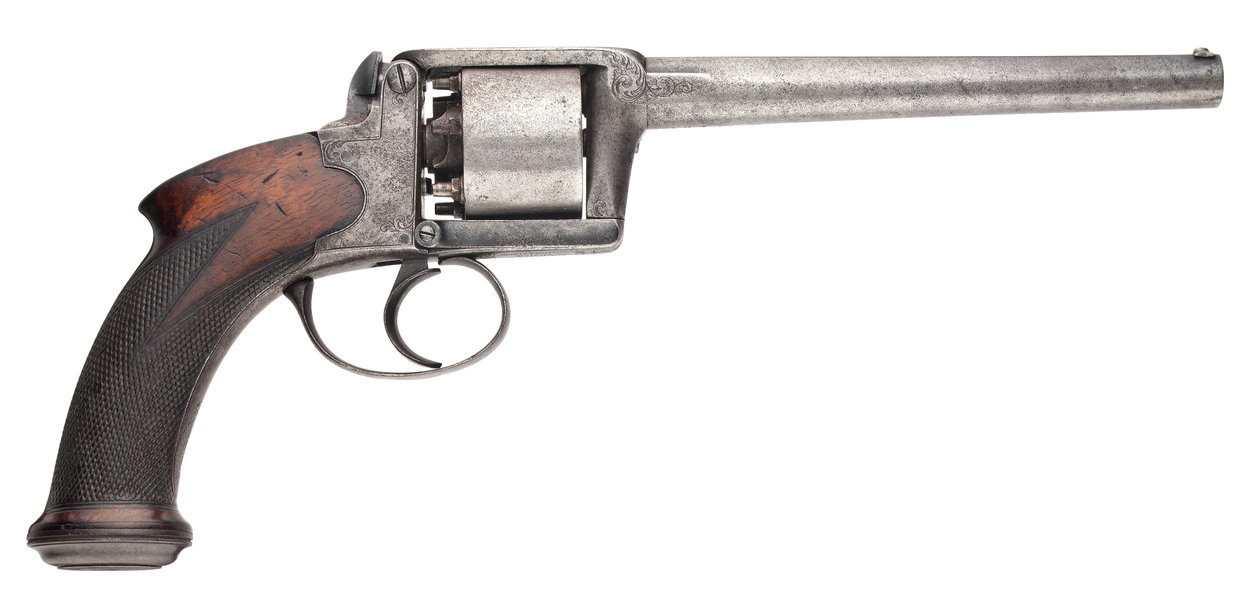 100 furatú Moore & Harris szabadalom, hatlövetű, önfelhúzó ütős revolver, 1853 alkotó: English School