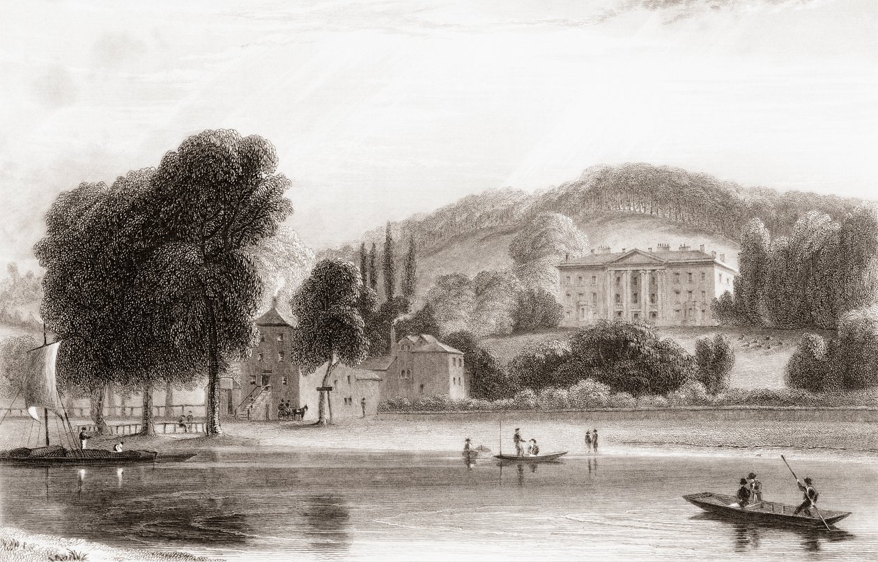 19. századi kilátás a Beaumont Lodge-ról, Old Windsor, Berkshire, Anglia. 1854-ben eladták a Jézus Társaságának, és átnevezték a Beaumont College-nak, egy jezsuita állami iskolának. Churton 1836-ban kiadott Portré és tájképtárából. alkotó: English School