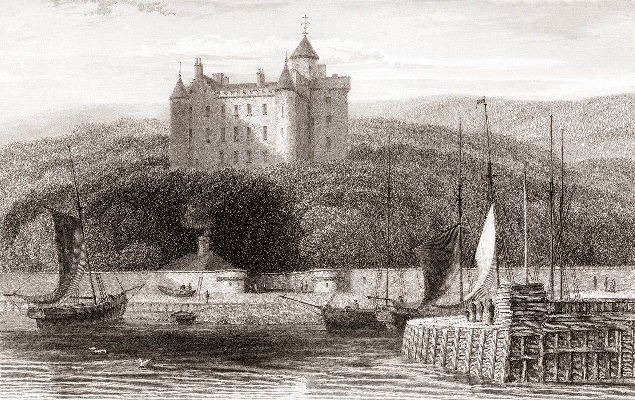 19. századi kilátás a Dunrobin kastélyra, Sutherland, Skócia. Churton 1836-ban megjelent Portré- és Tájképtárából. alkotó: English School