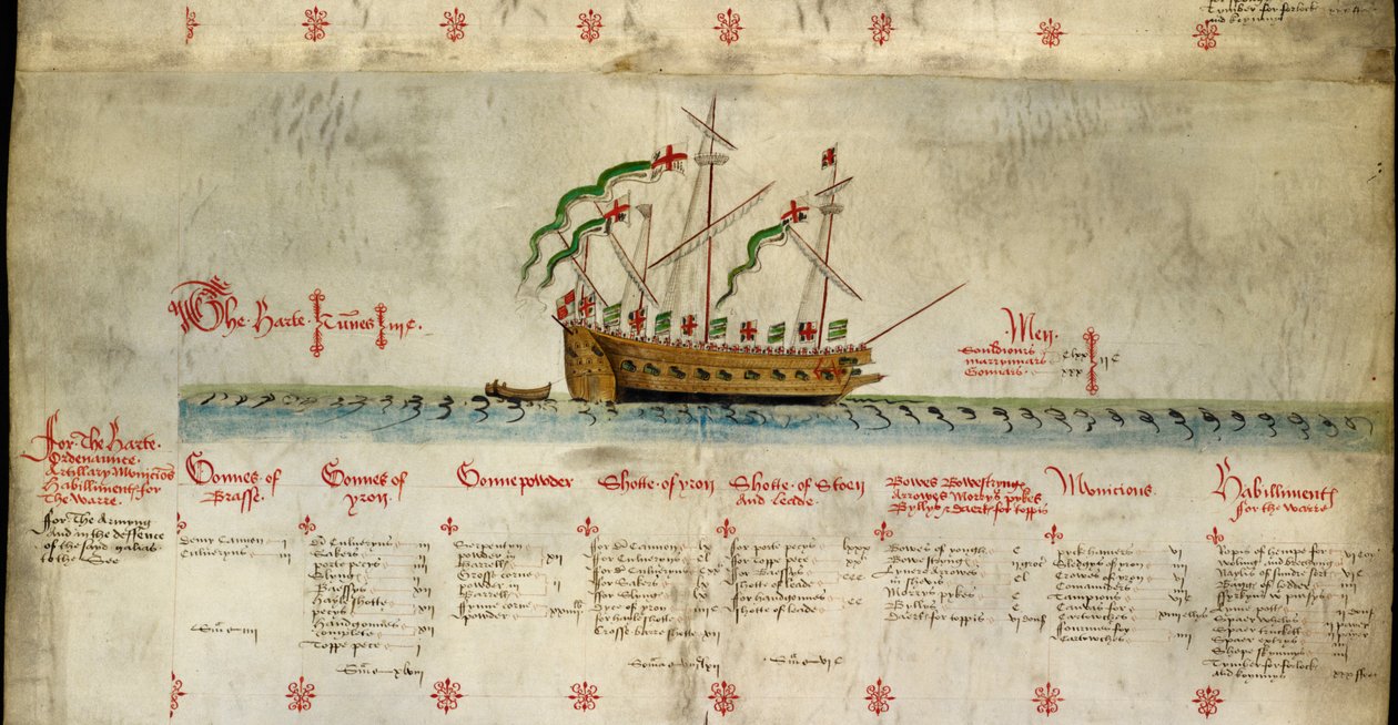 [3rd ship on roll] „The Harte”, legénységének és fegyverzetének részleteivel, a „The Anthony Roll”-ból alkotó: English School