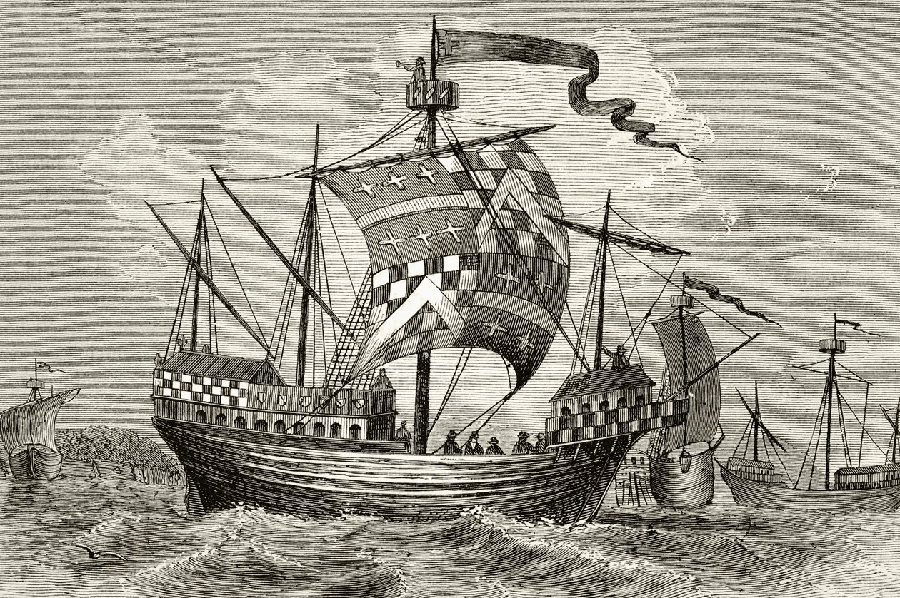 Egy 15. századi hadihajó, William Hickman Smith Aubrey (1858-1916) „Anglia nemzeti és hazai története” című könyvéből, London, 1890 körül. alkotó: English School