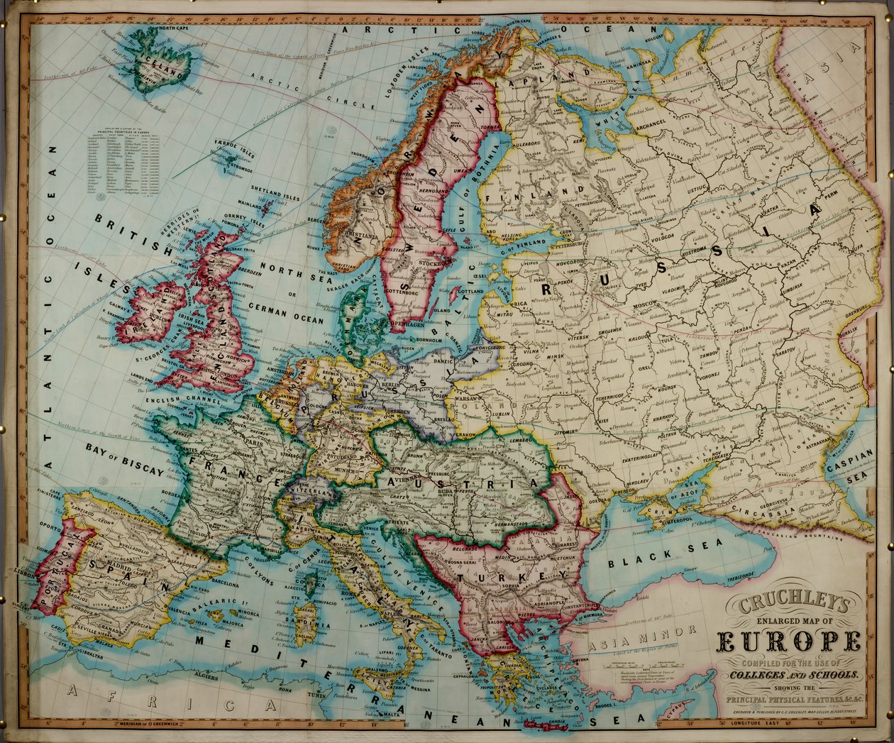 Egy 19. századi színes Európa-térkép, amelyet főiskolák és iskolák számára állítottak össze. alkotó: English School