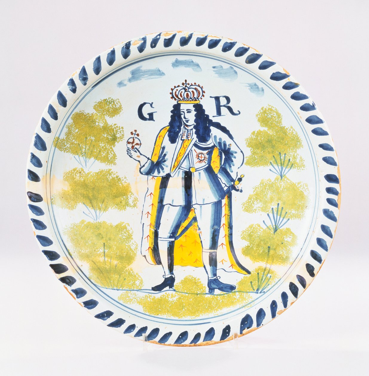 Egy Bristol Delfti polikróm királyi portrétöltő I. György alakos köntösben készült portréjával festve, 1720 körül (kerámia) alkotó: English School