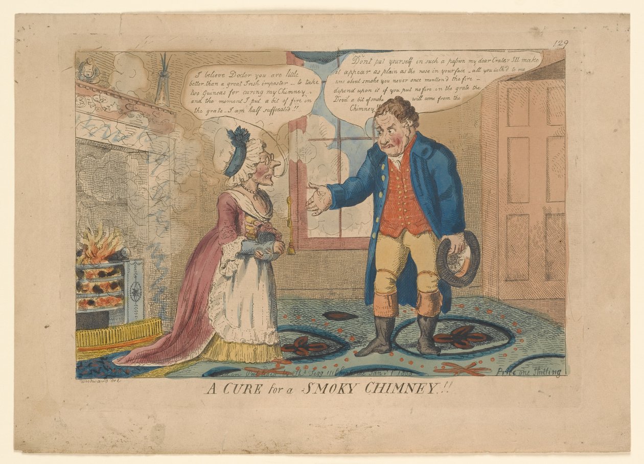 GYÓGYÍTÁS FÜST KÉMÉNYRE!!, G. M. Woodward rajza, 1808 (kézzel színezett metszet) alkotó: English School