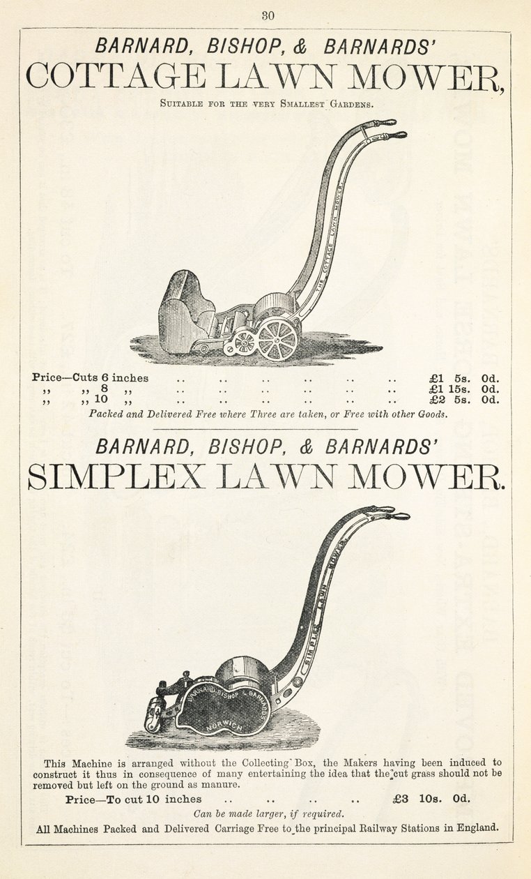 A Cottage and Simplex fűnyíró, illusztráció egy kertészeti katalógusból, kiadó: Barnard Bishop & Barnard, 1878 alkotó: English School