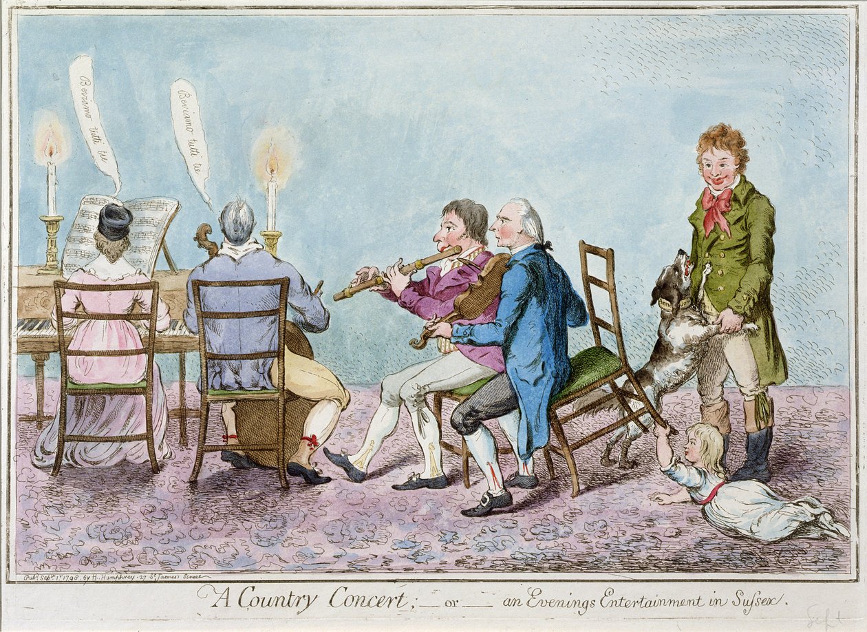 A Country Concert, avagy egy Evenings Entertainment in Sussex, Hannah Humphrey 1798-ban (kézzel színezett rézkarc) alkotó: English School