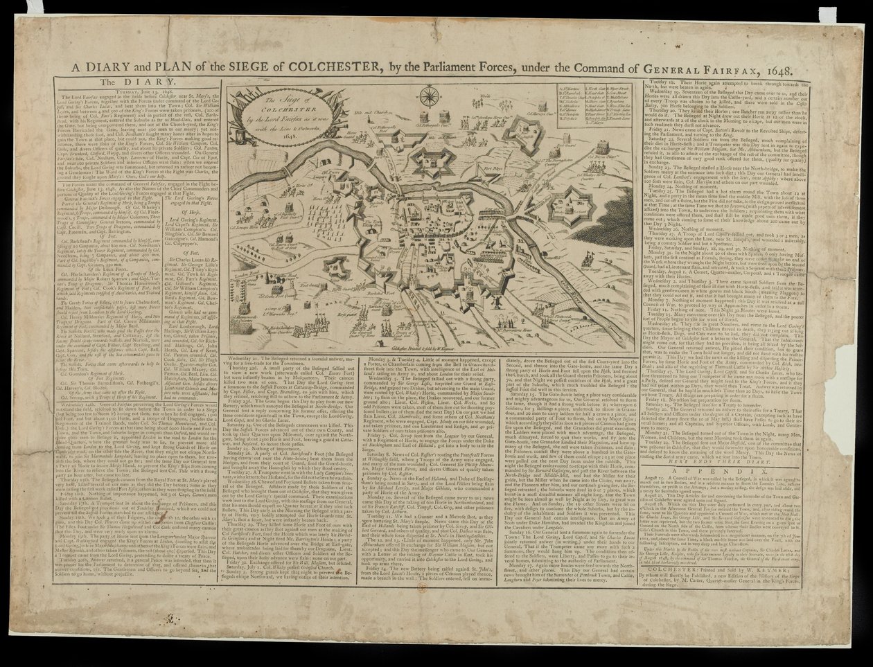 Colchester 1648-as ostromának naplója és képes terve, nyomtatta és értékesítette W. Keymer, 1648 alkotó: English School
