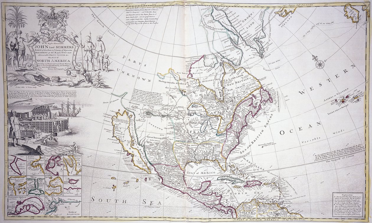 Észak-Amerika kétoldalas térképe, 1708-20 körül alkotó: English School