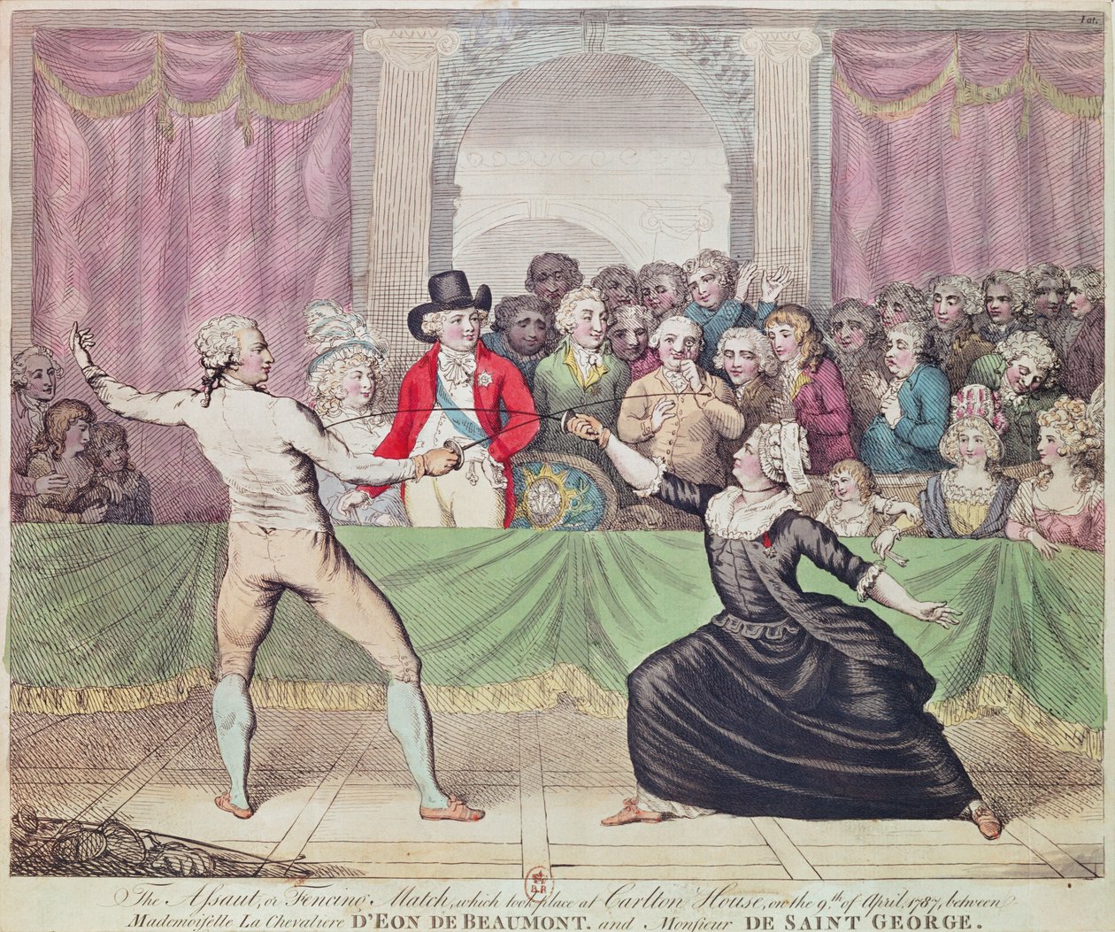 Vívópárbaj a Carlton House-ban a régens herceg jelenlétében a nőnek öltözött Chevalier d"Eon és Monsieur de Saint-Georges között, 1787 alkotó: English School